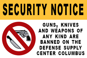 Security Notice graphic that specifies guns, knives and weapons of any kind are banned on DSCC. Security Notice graphic that specifies guns, knives and weapons of any kind are banned on DSCC.